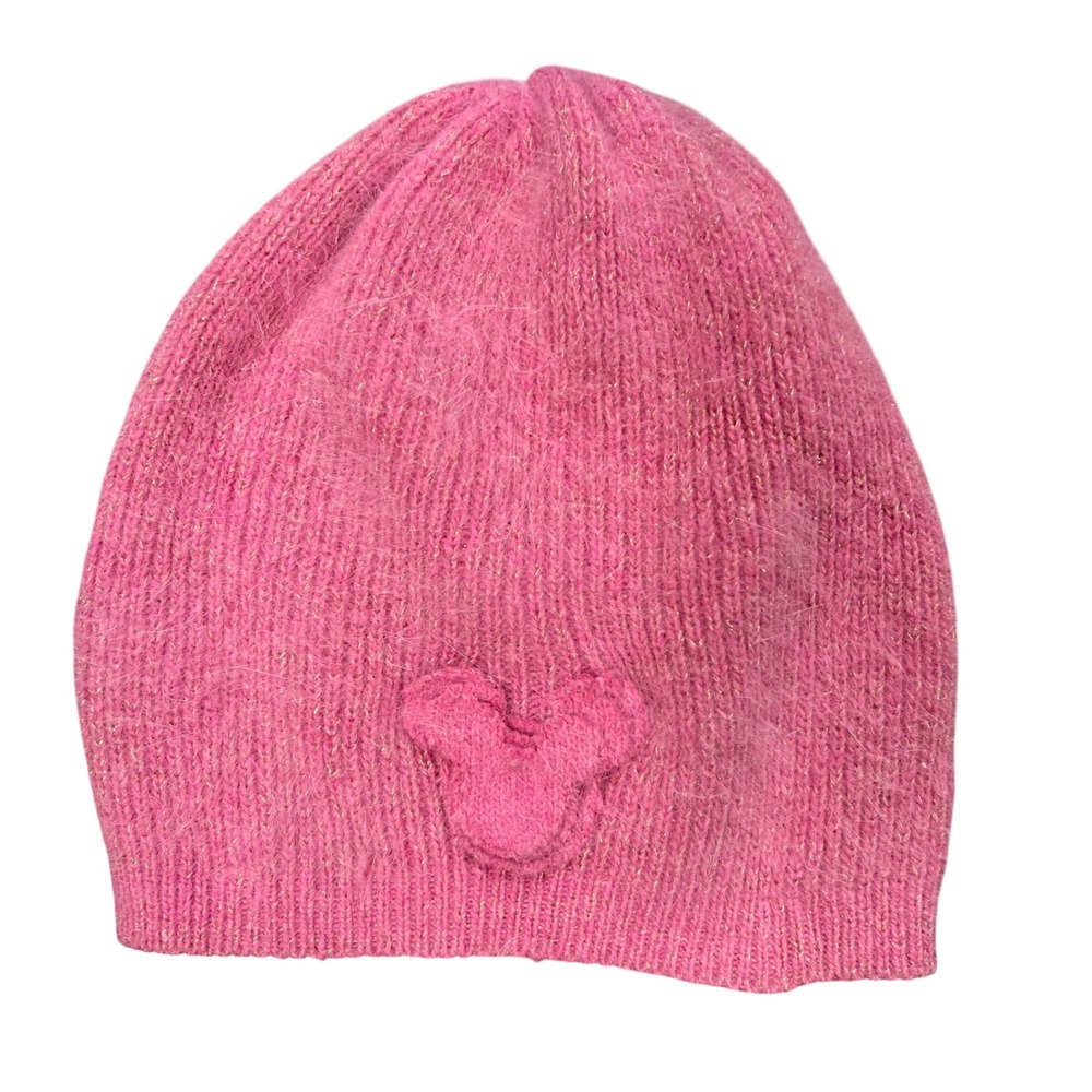Disney Parks Pink Rabbit Hair Blend Mickey Mouse Fuzzy Metallic Beanie Hat